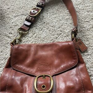 Coach Tan Leather Shoulder Bag with Gold Accents